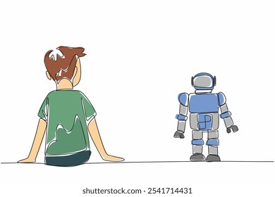 Un hombre de dibujo de una sola línea sentado en el piso al lado es un juguete robot. Un amigo leal todo el tiempo. Acompaña siempre cada momento. Día Mundial de Concienciación sobre el Autismo. Ilustración gráfica de diseño de línea continua