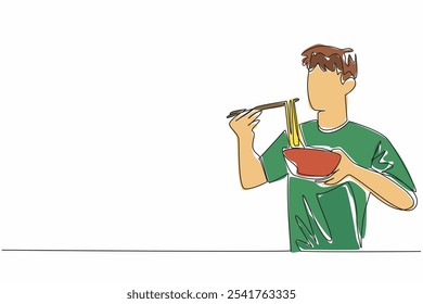 Uma única linha desenhando o homem devorando o ramen com pauzinhos. Inspire o delicioso aroma de ramen quando levantado. Uma delicadeza gratificante. Dia Nacional do Ramen. Ilustração gráfica de design de linha contínua