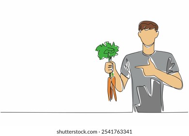 Single one line drawing man holding some carrots with the tips of the leaves still thick. Plays role in bone health. Carbohydrate. International Carrot Day. Continuous line design graphic illustration