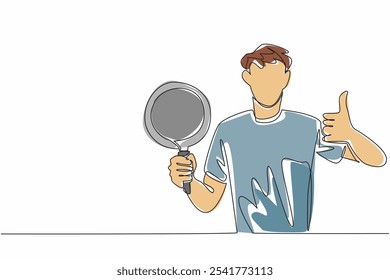 Um único homem desenho linha segurar panela de teflon e fazer polegares para cima gesto. Facilita cozinhar e limpar. Comida perfeitamente cozida. Dia Nacional do Teflon. Ilustração gráfica de design de linha contínua