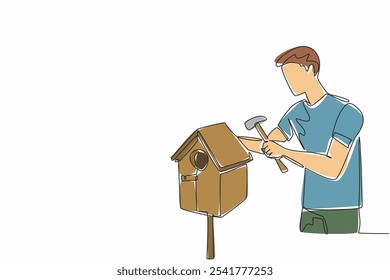 Una sola línea dibujando a un hombre haciendo una pajarera de madera. Mostrando habilidades para la querida mascota. Imaginación rentable. Lleno de creatividad. Día Nacional del bricolaje. Ilustración gráfica de diseño de línea continua