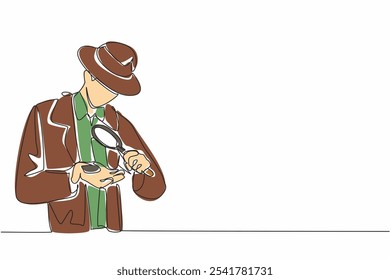 Una sola línea dibujando un hombre mira una roca en una de sus manos usando una lupa. Buscando información importante. El experto en su campo. Día de los Geólogos. Ilustración gráfica de diseño de línea continua