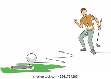 Hombre de dibujo de una sola línea que sostiene el club de golf que celebra ver la bola de golf casi se hunde en el agujero. Los resultados de las horas de práctica están empezando a mostrarse. Ilustración gráfica de diseño de línea continua