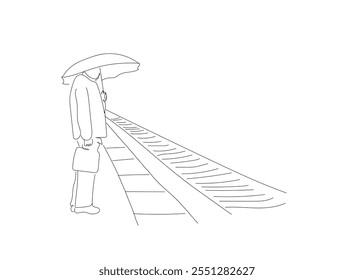 Single one line drawing of man go traveling by train. All about station and train activity. Simple line, train activity.  Hand made vector not AI.