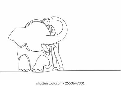 Single one line drawing man in casual clothes standing while hugging sitting elephant. Zookeeper. Taking care of animals with care. Save The Elephant Day. Continuous line design graphic illustration