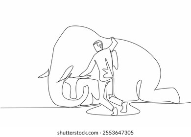 Single one line drawing a man hugging neck of sitting elephant. Expressions of affection before released into their natural habitat. Save The Elephant Day. Continuous line design graphic illustration