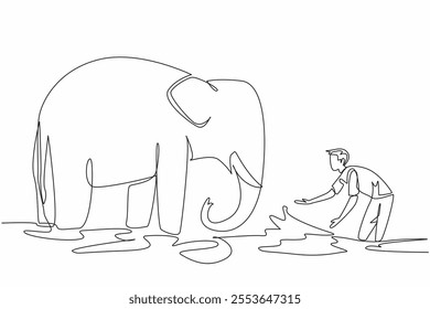 Single one line drawing a man is playing while watering an adult elephant. A zookeeper who knows the ins and outs of animals. Caring. Save The Elephant Day. Continuous line design graphic illustration