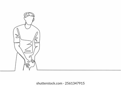 Single one line drawing a man holds his thighs with both hands. Lack of stretching leads to injury. Stiff muscles. Minor injury. Love Your Thighs Day. Continuous line design graphic illustration