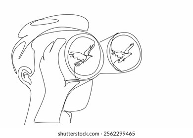 Single one line drawing a man holds binoculars with one of hands and watches an eagle fly. Observing how to prey on prey animals. National Go Birding Day. Continuous line design graphic illustration