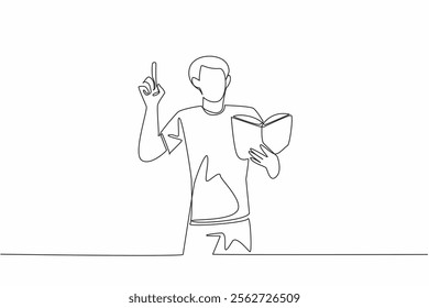 Single one line drawing a man standing reading a book or poem in an attractive pose. Practice before the performance. Gesture. Great Poetry Reading Day. Continuous line design graphic illustration