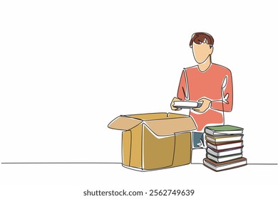 Single one line drawing a man puts a stack of books into a cardboard box. Sorting. Giving the best. Enriching literacy. Reuse. National Donate a Book Day. Continuous line design graphic illustration