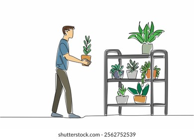 Single one line drawing man lifts pot and wants to put it on pot rack full of plants. Process of separating plants after selection. National Gardening Day. Continuous line design graphic illustration