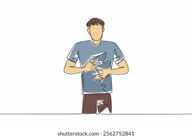 Single one line drawing a man in casual clothes making a hand gesture. Word translator on television news shows. Code. National American Sign Language Day. Continuous line design graphic illustration