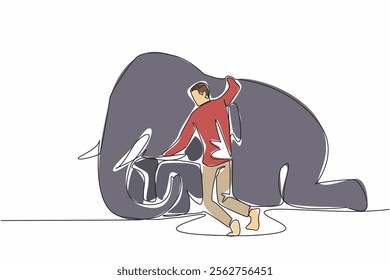 Single one line drawing a man hugging neck of sitting elephant. Expressions of affection before released into their natural habitat. Save The Elephant Day. Continuous line design graphic illustration