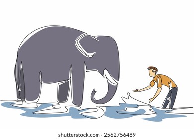 Single one line drawing a man is playing while watering an adult elephant. A zookeeper who knows the ins and outs of animals. Caring. Save The Elephant Day. Continuous line design graphic illustration