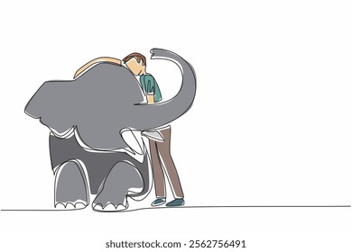 Single one line drawing man in casual clothes standing while hugging sitting elephant. Zookeeper. Taking care of animals with care. Save The Elephant Day. Continuous line design graphic illustration