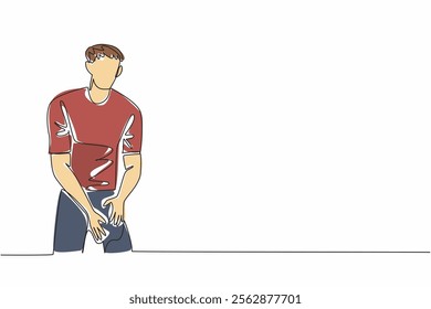 Single one line drawing a man holds his thighs with both hands. Lack of stretching leads to injury. Stiff muscles. Minor injury. Love Your Thighs Day. Continuous line design graphic illustration