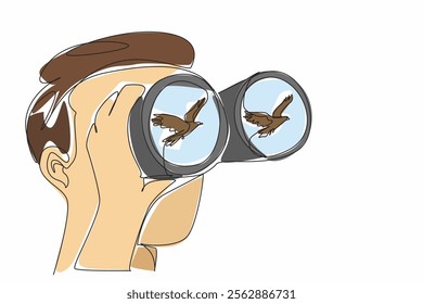 Single one line drawing a man holds binoculars with one of hands and watches an eagle fly. Observing how to prey on prey animals. National Go Birding Day. Continuous line design graphic illustration