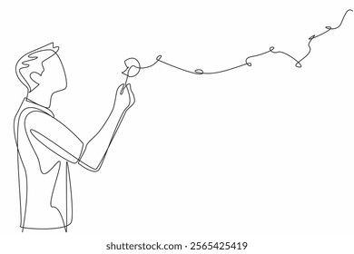 Single one line drawing man in casual clothes blows on dandelion and there are dandelion fragments flying. Blow the hopes sky high. Symbol. World Wish Day. Continuous line design graphic illustration