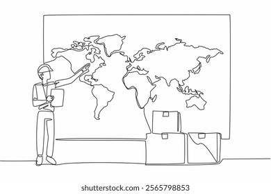 Single one line drawing man wearing project vest and helmet holding a clipboard. The queue of logistics to be exported abroad. National Supply Chain Day. Continuous line design graphic illustration