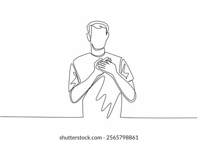 Single one line drawing man poses with crossed palms on left chest. The deepest gratitude. A pleasant positive gesture. Grateful. National Honesty Day. Continuous line design graphic illustration