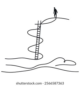 Single one line drawing of man standing on stairs. Modern continuous line design, vector illustration.