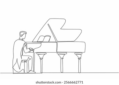 Single one line drawing a man sitting playing a grand piano. A skilled musician in the fields of classical and jazz music. Show. International Jazz Day. Continuous line design graphic illustration