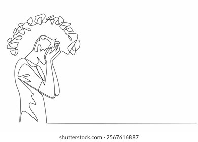 Single one line drawing man cover face with palm with around head tangled thread. Tangled mind. Mentally tired. Fatigue. National Anxiety Screening Day. Continuous line design graphic illustration