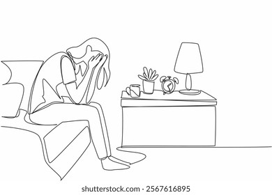 Single one line drawing man sitting on the edge of the bed covering face with both hands. Woke up from a nightmare. Stress. National Anxiety Screening Day. Continuous line design graphic illustration