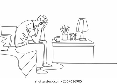 Single one line drawing man sit on edge of bed covering face with both hands. Frustration carries over to home. Insomnia. National Anxiety Screening Day. Continuous line design graphic illustration