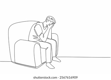 Single one line drawing a man sitting on a single sofa covering face with both palms. Tests of life come one after another. National Anxiety Screening Day. Continuous line design graphic illustration