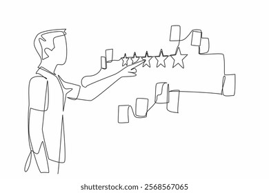 Single one line drawing man points to a wall with lots of paper notes scattered around it. Good review. Raise the profile. Feedback. Write a Review Day. Continuous line design graphic illustration