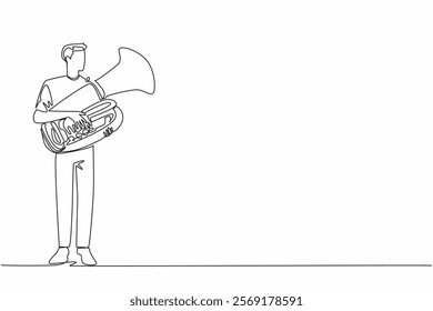 Single one line drawing man in casual clothes holding a tuba. Amazing performance. Finished practice. Ready for solo concert. Musician. National Tuba Day. Continuous line design graphic illustration