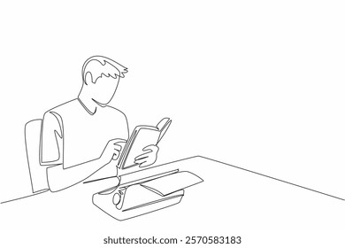 Single one line drawing man sitting holding a book and there is a typewriter with paper on it. Binding knowledge by taking notes. Writer. Wordsmith Day. Continuous line design graphic illustration