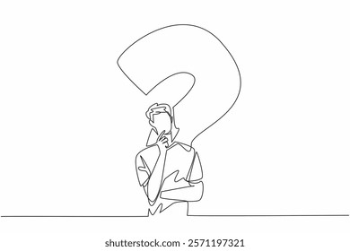 Single one line drawing man with thinking gesture with big question mark background. Thinking very hard to find a solution. Idea. National Day of Reason. Continuous line design graphic illustration