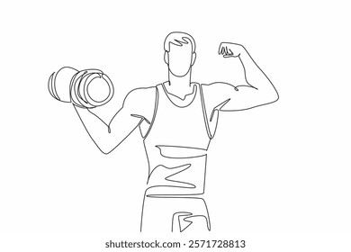 Single one line drawing a man poses while lifting dumbbell. Become active member at the gym. Maintain muscle mass. Stronger than ever. National Fitness Day. Continuous line design graphic illustration