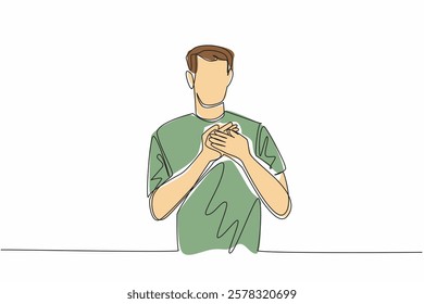 Single one line drawing man poses with crossed palms on left chest. The deepest gratitude. A pleasant positive gesture. Grateful. National Honesty Day. Continuous line design graphic illustration