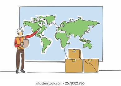 Single one line drawing man wearing project vest and helmet holding a clipboard. The queue of logistics to be exported abroad. National Supply Chain Day. Continuous line design graphic illustration