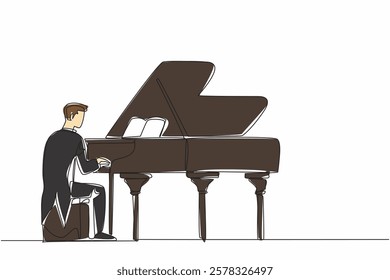 Single one line drawing a man sitting playing a grand piano. A skilled musician in the fields of classical and jazz music. Show. International Jazz Day. Continuous line design graphic illustration