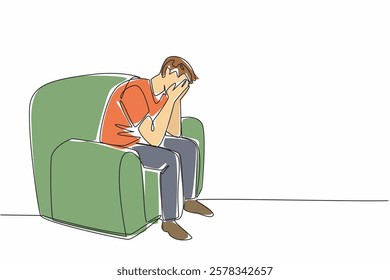 Single one line drawing a man sitting on a single sofa covering face with both palms. Tests of life come one after another. National Anxiety Screening Day. Continuous line design graphic illustration