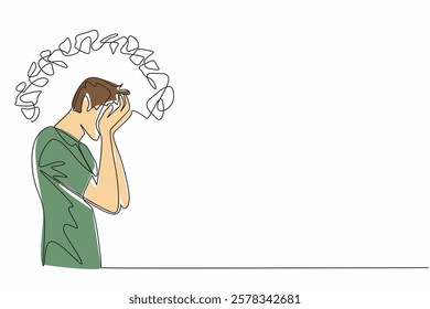 Single one line drawing man cover face with palm with around head tangled thread. Tangled mind. Mentally tired. Fatigue. National Anxiety Screening Day. Continuous line design graphic illustration