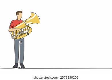 Single one line drawing man in casual clothes holding a tuba. Amazing performance. Finished practice. Ready for solo concert. Musician. National Tuba Day. Continuous line design graphic illustration