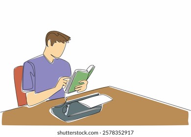 Single one line drawing man sitting holding a book and there is a typewriter with paper on it. Binding knowledge by taking notes. Writer. Wordsmith Day. Continuous line design graphic illustration