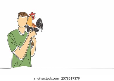 Single one line drawing a man in casual clothes lifts rooster and puts it to cheek. Keep the chicken in good mood. International Respect for Chickens Day. Continuous line design graphic illustration