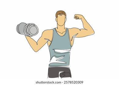 Single one line drawing a man poses while lifting dumbbell. Become active member at the gym. Maintain muscle mass. Stronger than ever. National Fitness Day. Continuous line design graphic illustration