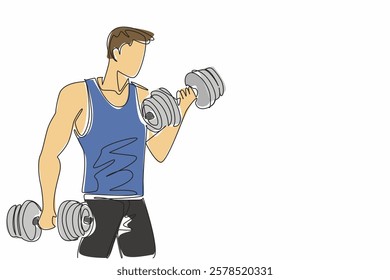 Single one line drawing a man lifting dumbbells in each hand. Build muscle in both arms at once. Appear more confident.  Sporty. National Fitness Day. Continuous line design graphic illustration