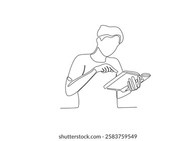 Single one line drawing a Man looking at books in library. online education concept. Single line draw design vector graphic illustration
