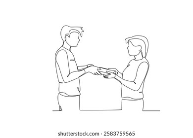 Single one line drawing a The man who borrowed books from the librarian. online education concept. Single line draw design vector graphic illustration
