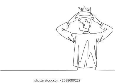 Single one line drawing a man in a suit puts a crown on his head. Pride that will become a beautiful history. A true winner. Success. Reward Yourself Day. Continuous line design graphic illustration