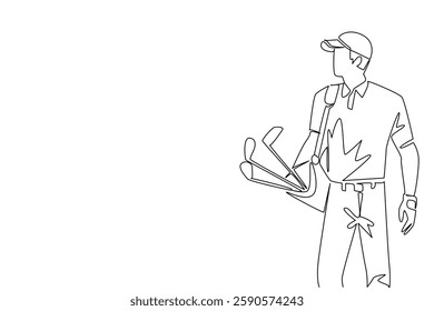 Single one line drawing man wearing a hat and gloves carrying a various golf clubs with golf bag. The newbie who just started practicing. National Golf Day. Continuous line design graphic illustration